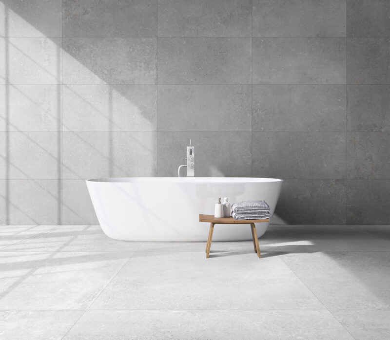 Modern grey bathroom with bathtub. 3d rendering