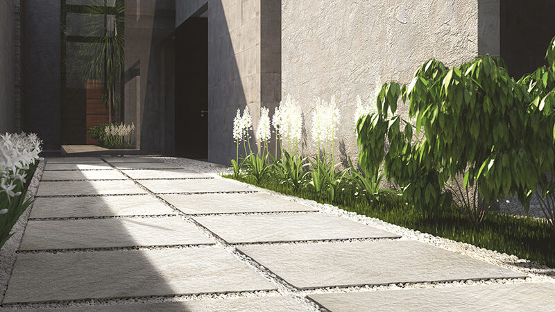 Modern minimalist summer villa Modern concrete house with flower garden in Mexico (3D render)