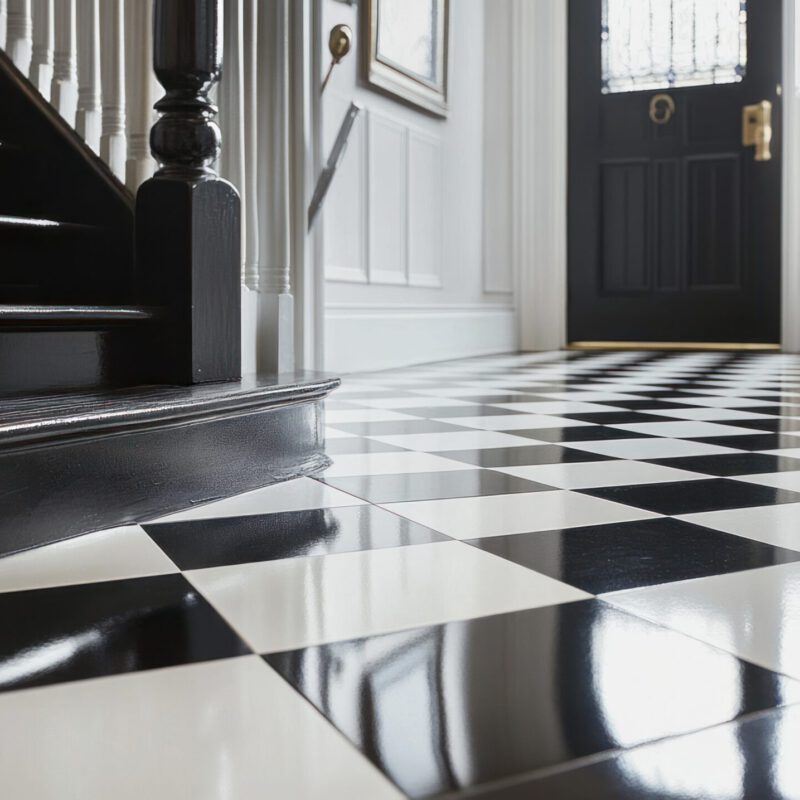 In a classic Victorian-style home, an installer is placing checkerboard tiles in black and white on the floor of a grand entrance hall In a classic Victorian-style home, an installer is placing checkerboard tiles in black and white on the floor of a grand entrance hall